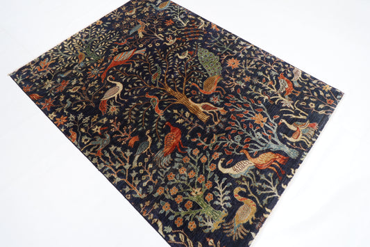 154 x 203 cm | Birds Blue Oriental Area Rug Afghan Hand Knotted Veg Dye Wool carpet