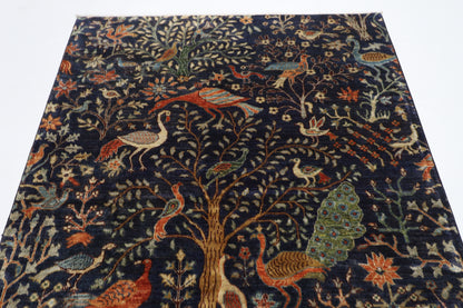 154 x 203 cm | Birds Blue Oriental Area Rug Afghan Hand Knotted Veg Dye Wool carpet