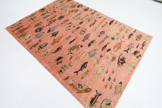 170 x 240 cm | Oriental Fish Pink Area Rug Afghan Hand Knotted Veg Dye Wool carpet