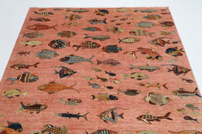 170 x 240 cm | Oriental Fish Pink Area Rug Afghan Hand Knotted Veg Dye Wool carpet