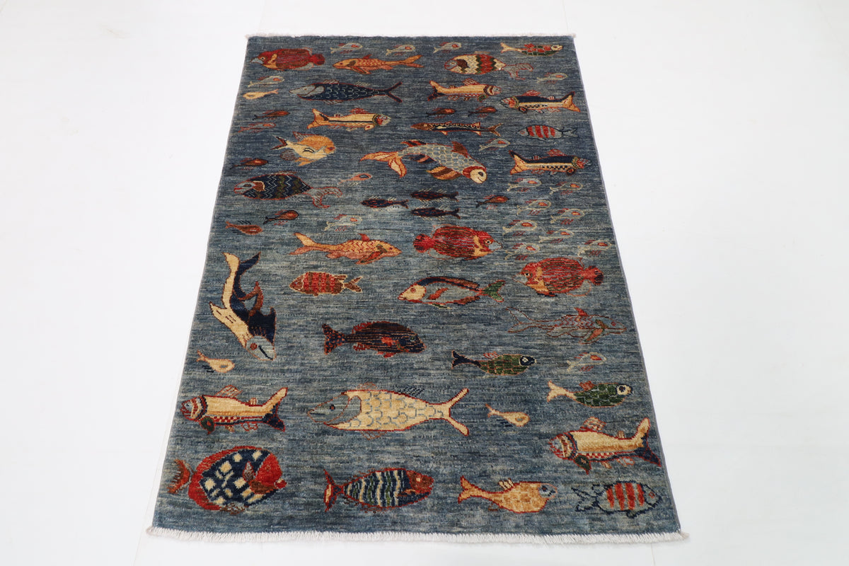100 x 147 cm | Alfombra Oriental Mamluk Azul Afgano Anudada a Mano Lana Teñida con Tintes Vegetales