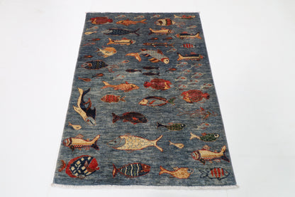 100 x 147 cm | Alfombra Oriental Mamluk Azul Afgano Anudada a Mano Lana Teñida con Tintes Vegetales