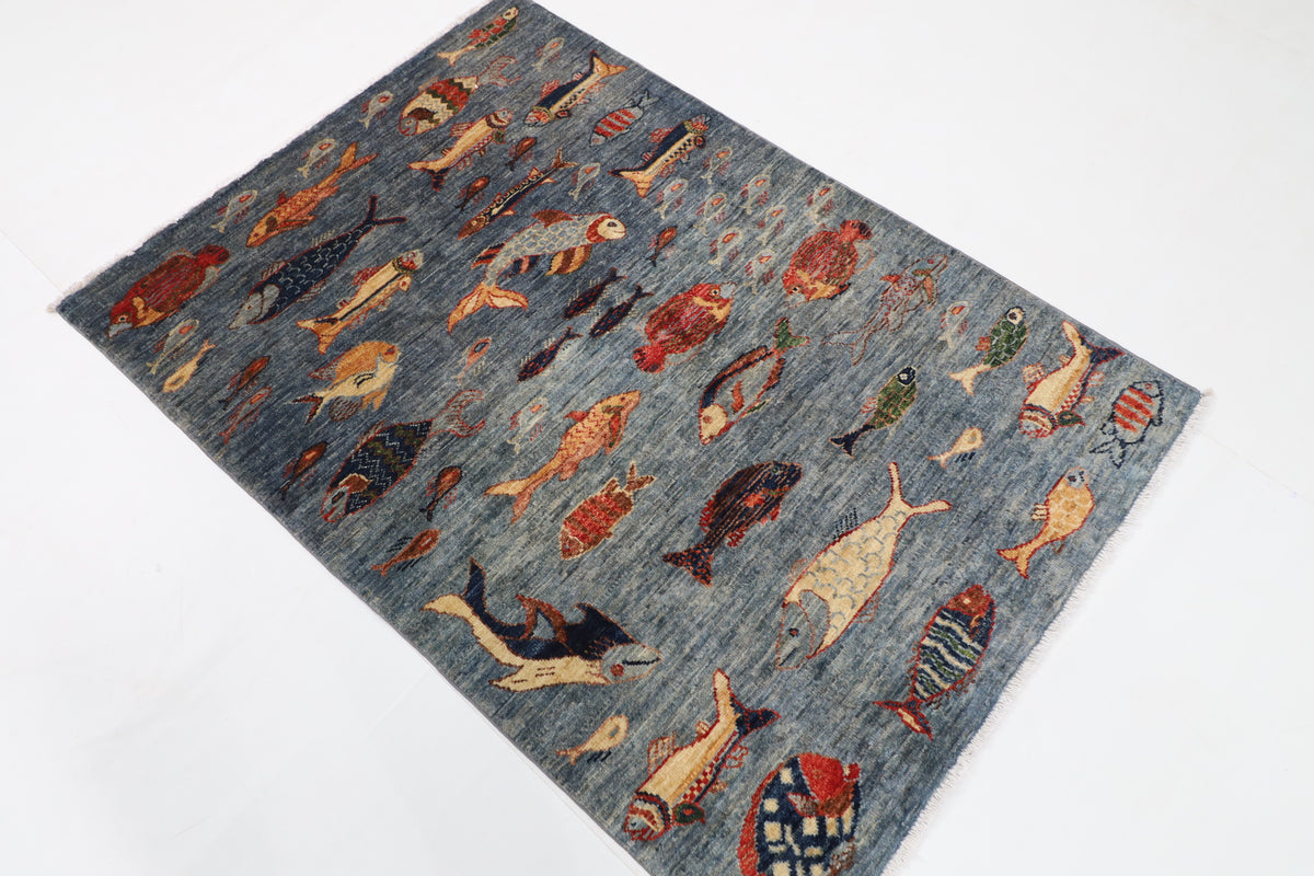 100 x 147 cm | Alfombra Oriental Mamluk Azul Afgano Anudada a Mano Lana Teñida con Tintes Vegetales