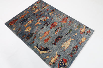 100 x 147 cm | Alfombra Oriental Mamluk Azul Afgano Anudada a Mano Lana Teñida con Tintes Vegetales