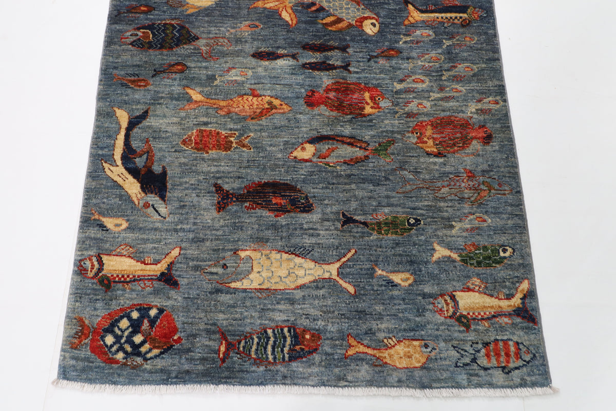 100 x 147 cm | Alfombra Oriental Mamluk Azul Afgano Anudada a Mano Lana Teñida con Tintes Vegetales
