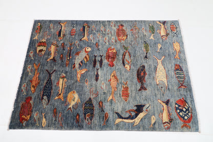 100 x 147 cm | Alfombra Oriental Mamluk Azul Afgano Anudada a Mano Lana Teñida con Tintes Vegetales