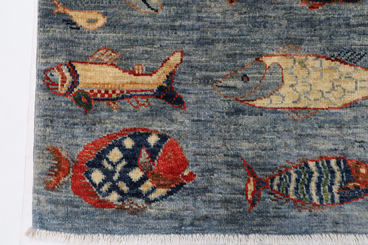 100 x 147 cm | Alfombra Oriental Mamluk Azul Afgano Anudada a Mano Lana Teñida con Tintes Vegetales
