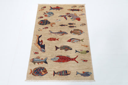 82 x 123 cm | Fish beige Oriental Afghan Hand Knotted Wool carpet