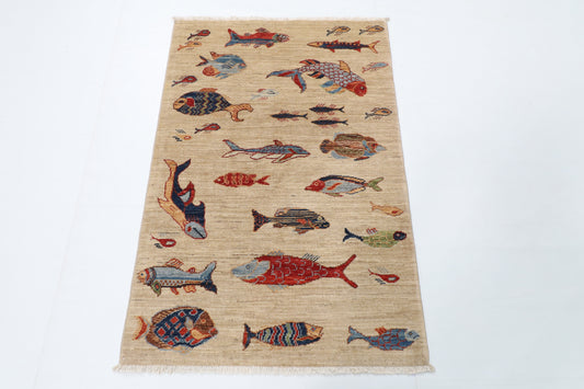 82 x 123 cm | Fish beige Oriental Afghan Hand Knotted Wool carpet