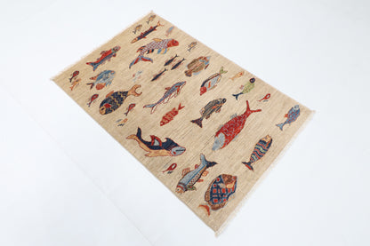 82 x 123 cm | Fish beige Oriental Afghan Hand Knotted Wool carpet