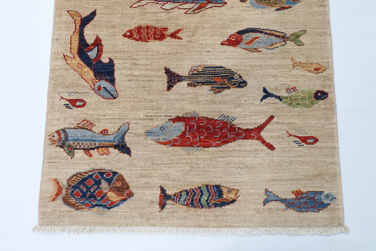 82 x 123 cm | Fish beige Oriental Afghan Hand Knotted Wool carpet
