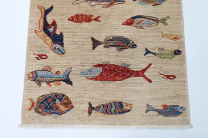82 x 123 cm | Fish beige Oriental Afghan Hand Knotted Wool carpet