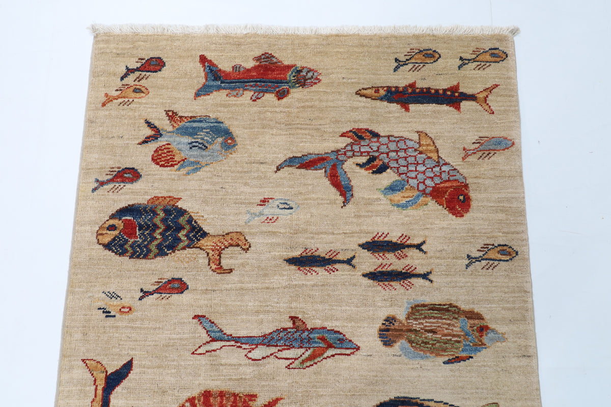 82 x 123 cm | Fish beige Oriental Afghan Hand Knotted Wool carpet