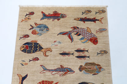 82 x 123 cm | Fish beige Oriental Afghan Hand Knotted Wool carpet