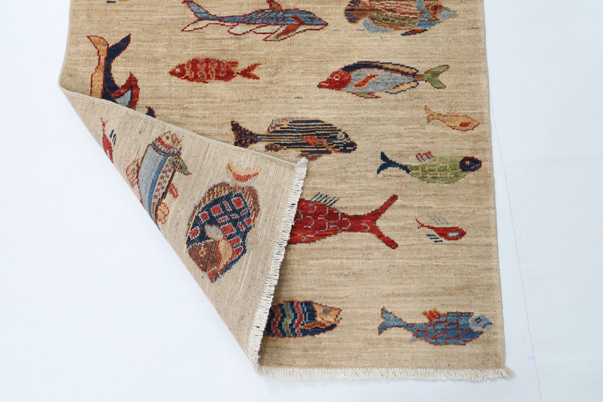 82 x 123 cm | Fish beige Oriental Afghan Hand Knotted Wool carpet