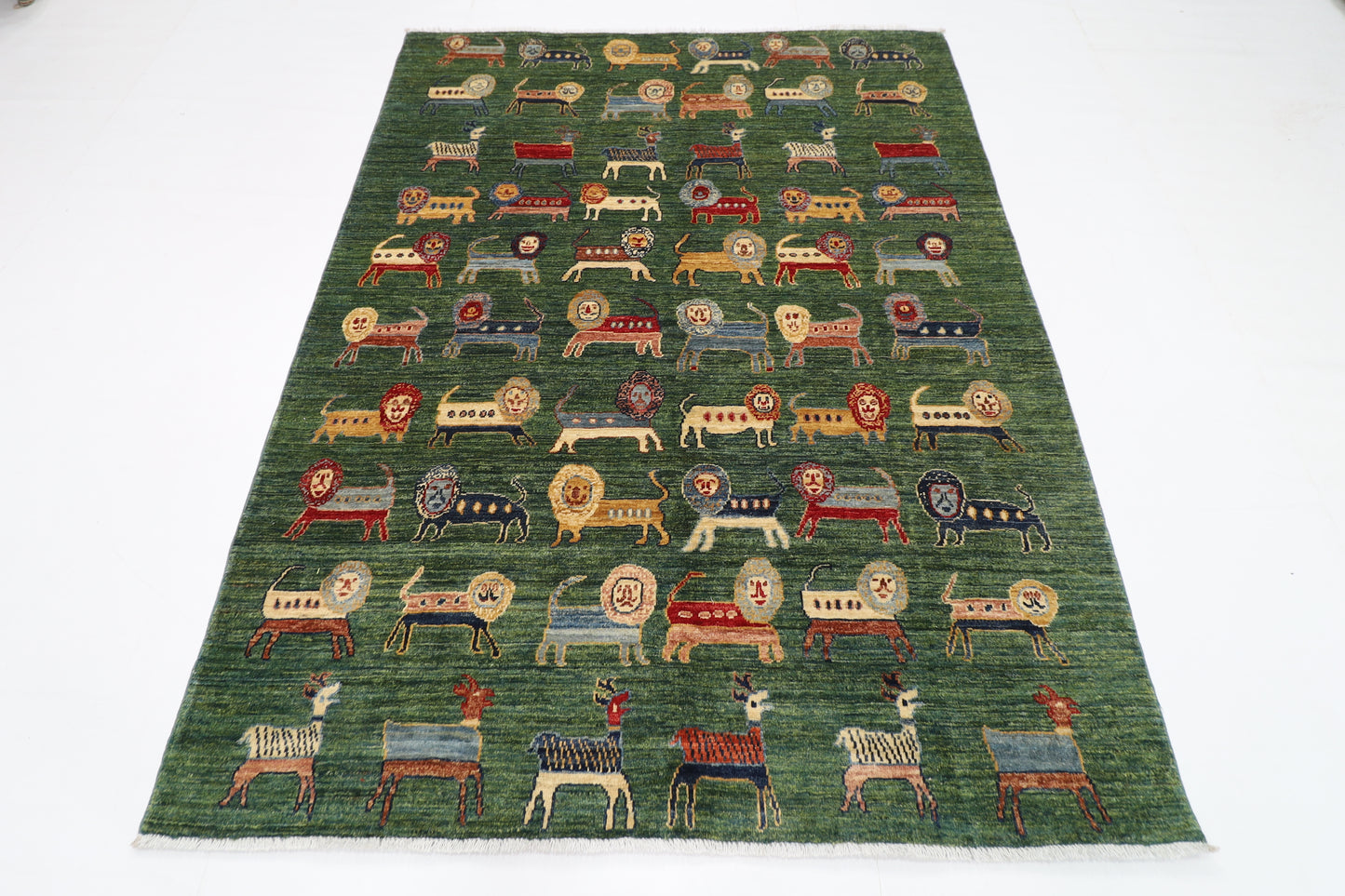 160 x 210 cm | Lion Green Oriental Area Rug Afghan Hand Knotted Veg Dye Wool carpet