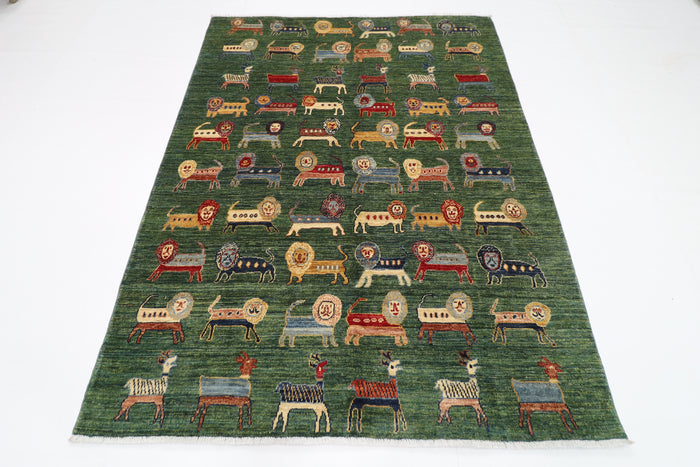 160 x 210 cm | Lion Green Oriental Area Rug Afghan Hand Knotted Veg Dye Wool carpet