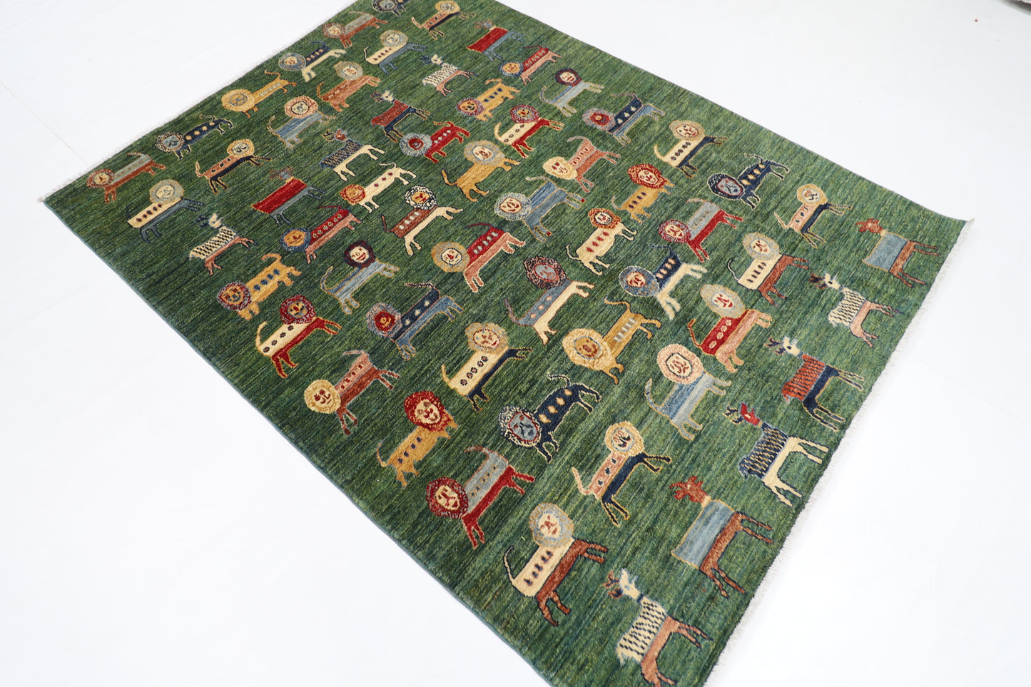 160 x 210 cm | Lion Green Oriental Area Rug Afghan Hand Knotted Veg Dye Wool carpet