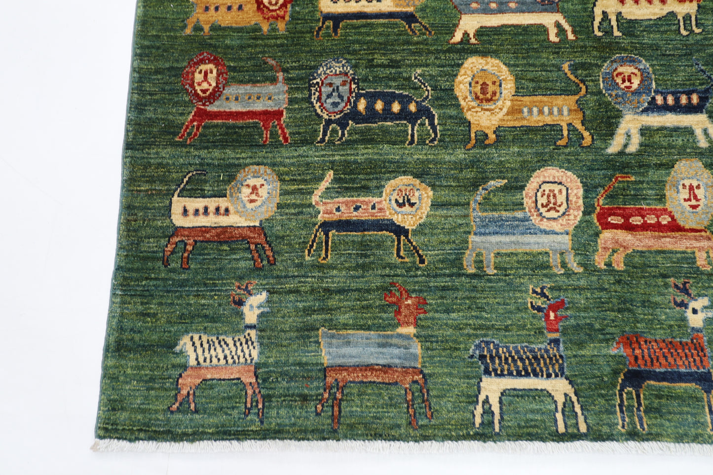 160 x 210 cm | Lion Green Oriental Area Rug Afghan Hand Knotted Veg Dye Wool carpet