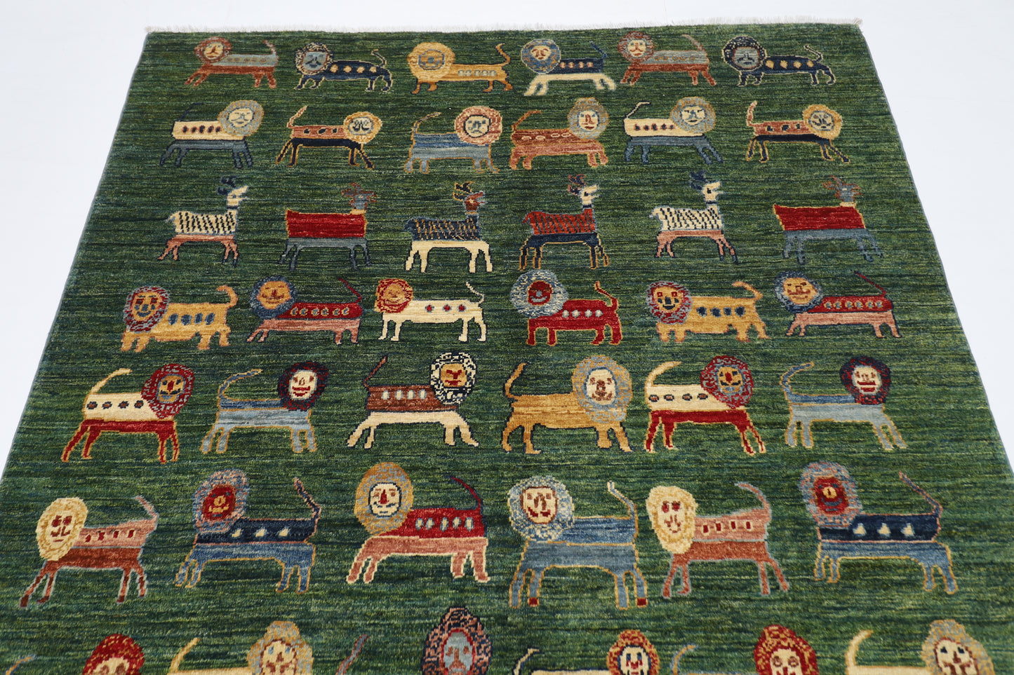 160 x 210 cm | Lion Green Oriental Area Rug Afghan Hand Knotted Veg Dye Wool carpet