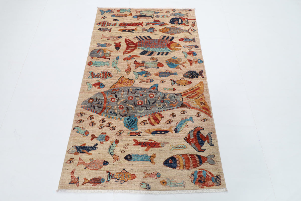 101 x 167 cm | Fish beige Oriental Afghan Hand Knotted Wool carpet