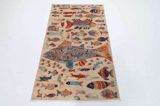 101 x 167 cm | Fish beige Oriental Afghan Hand Knotted Wool carpet