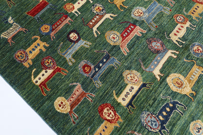 160 x 210 cm | Lion Green Oriental Area Rug Afghan Hand Knotted Veg Dye Wool carpet