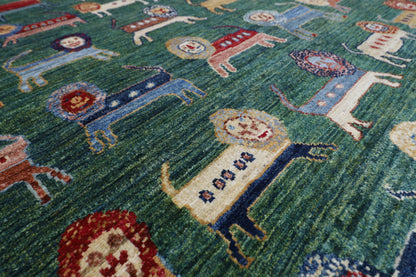 160 x 210 cm | Lion Green Oriental Area Rug Afghan Hand Knotted Veg Dye Wool carpet