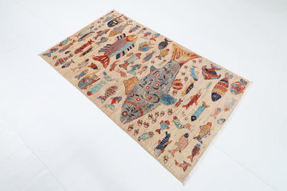 101 x 167 cm | Fish beige Oriental Afghan Hand Knotted Wool carpet