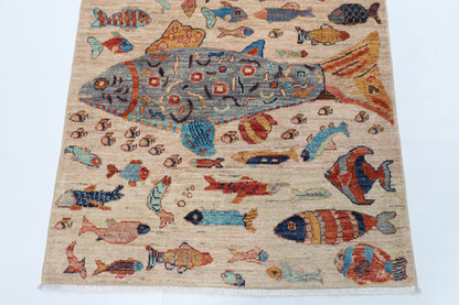 101 x 167 cm | Fish beige Oriental Afghan Hand Knotted Wool carpet