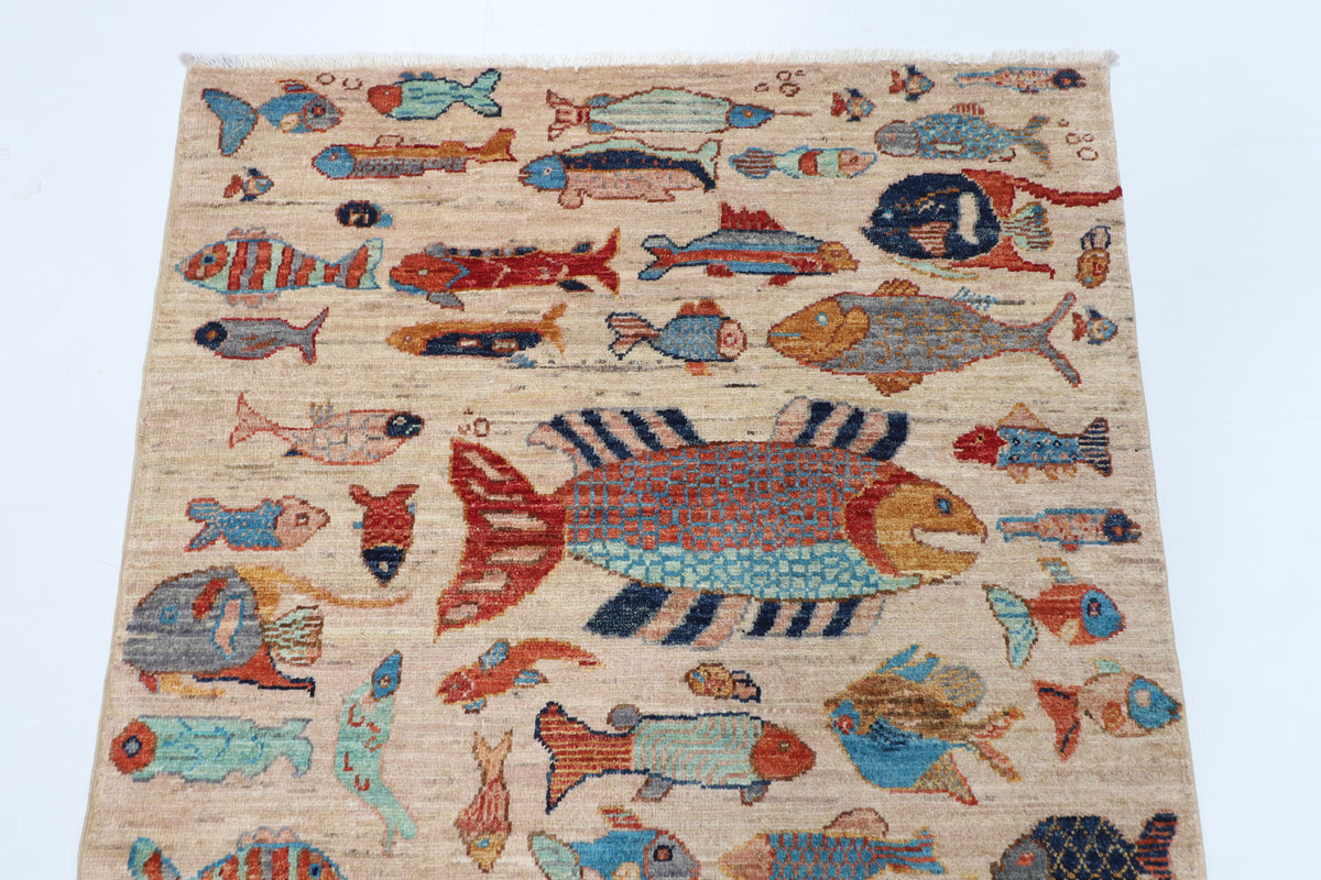 101 x 167 cm | Fish beige Oriental Afghan Hand Knotted Wool carpet