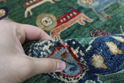 160 x 210 cm | Lion Green Oriental Area Rug Afghan Hand Knotted Veg Dye Wool carpet