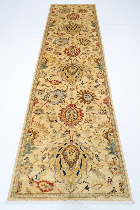98 x 347 cm | Beige Afghan Tribal Hand Knotted Veg Dye Wool Runner