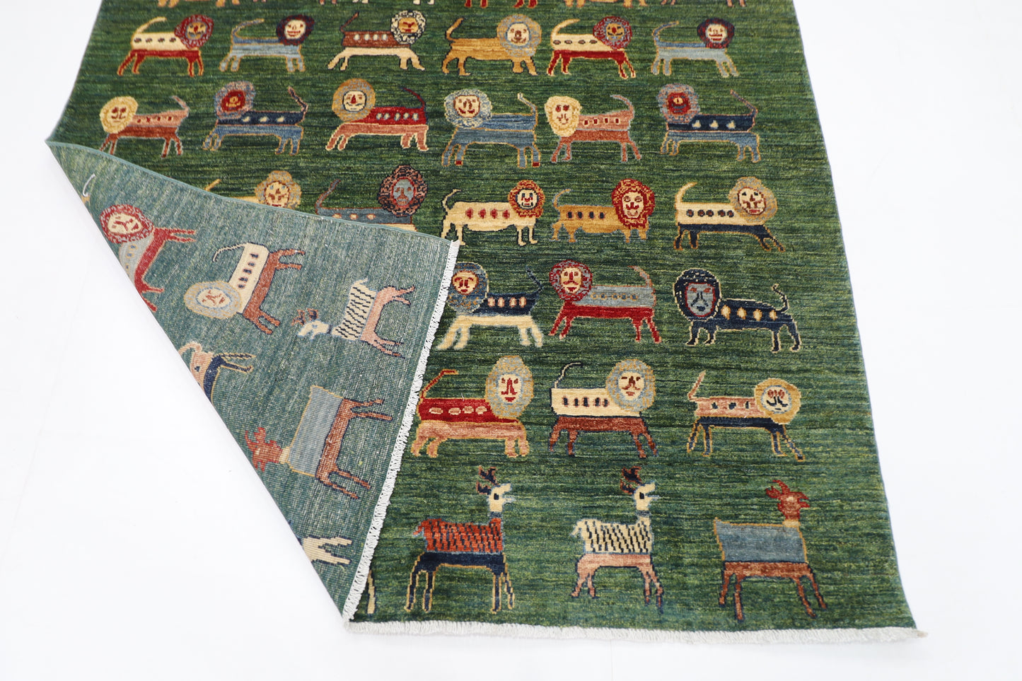 160 x 210 cm | Lion Green Oriental Area Rug Afghan Hand Knotted Veg Dye Wool carpet