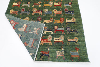 160 x 210 cm | Lion Green Oriental Area Rug Afghan Hand Knotted Veg Dye Wool carpet