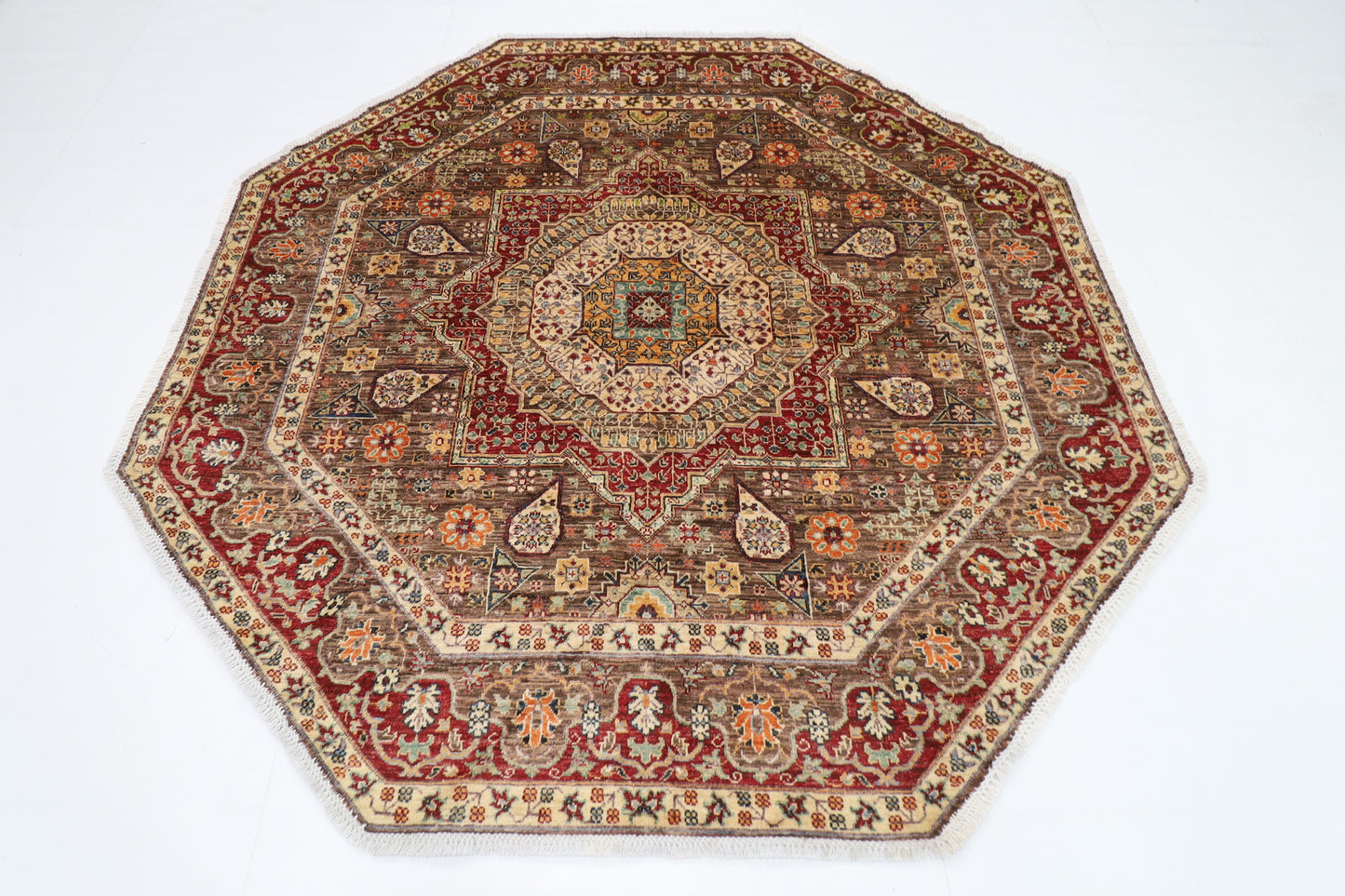 197 x 199 cm | Mamluk Brown Oriental Round Rug Afghan Hand Knotted Veg Dye Wool carpet
