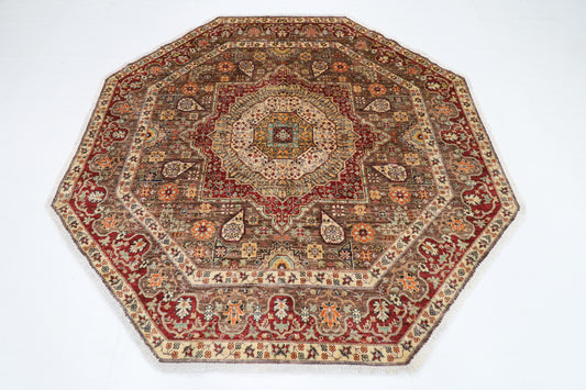 197 x 199 cm | Mamluk Brown Oriental Round Rug Afghan Hand Knotted Veg Dye Wool carpet