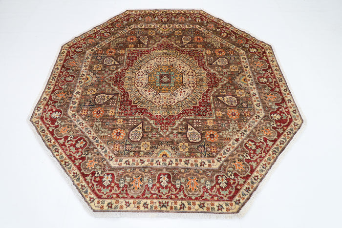 197 x 199 cm | Mamluk Brown Oriental Round Rug Afghan Hand Knotted Veg Dye Wool carpet