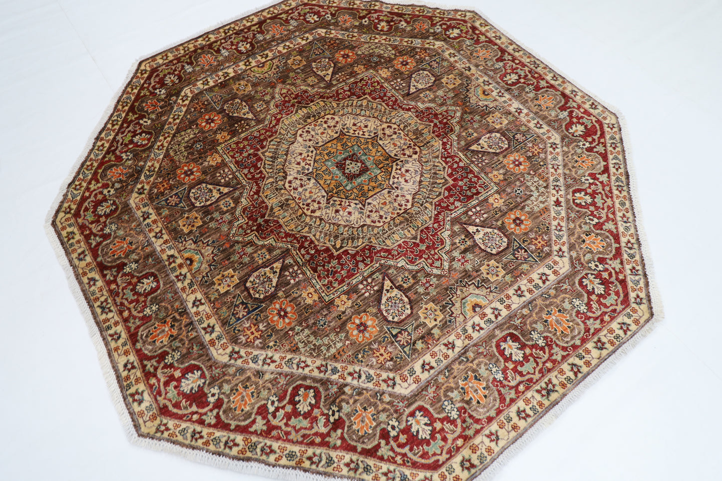 197 x 199 cm | Mamluk Brown Oriental Round Rug Afghan Hand Knotted Veg Dye Wool carpet