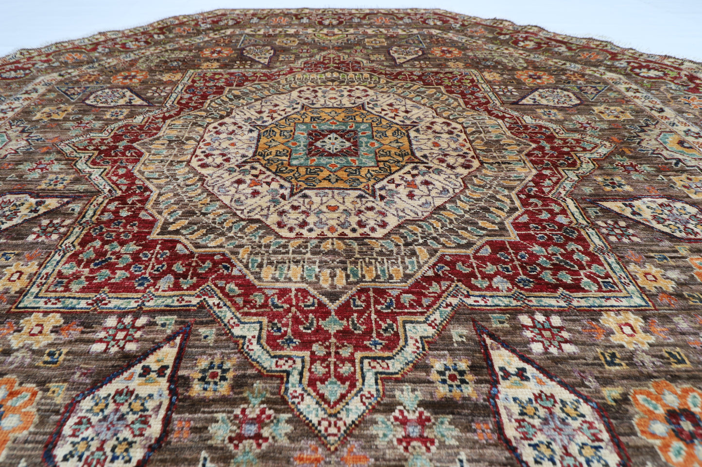 197 x 199 cm | Mamluk Brown Oriental Round Rug Afghan Hand Knotted Veg Dye Wool carpet