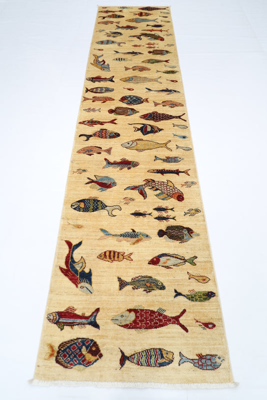 83 x 345 cm | Beige Fish Party Afghan Tribal Hand Knotted Veg Dye Wool Runner