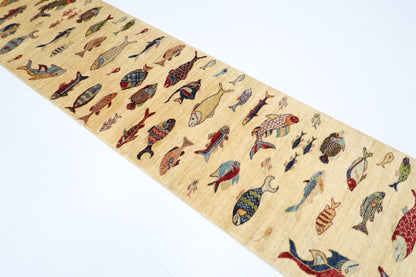 83 x 345 cm | Beige Fish Party Afghan Tribal Hand Knotted Veg Dye Wool Runner