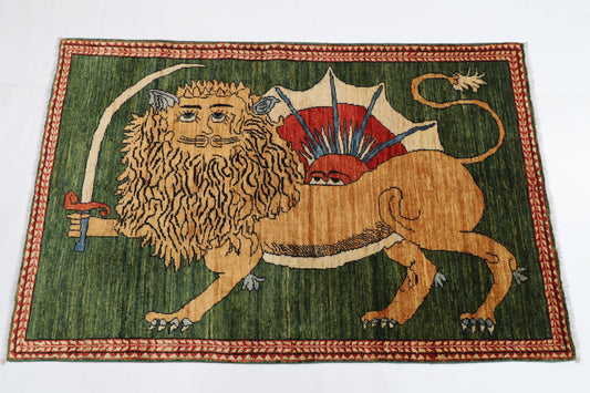 100 x 153 cm | Lion Green Oriental Afghan Hand Knotted Wool carpet