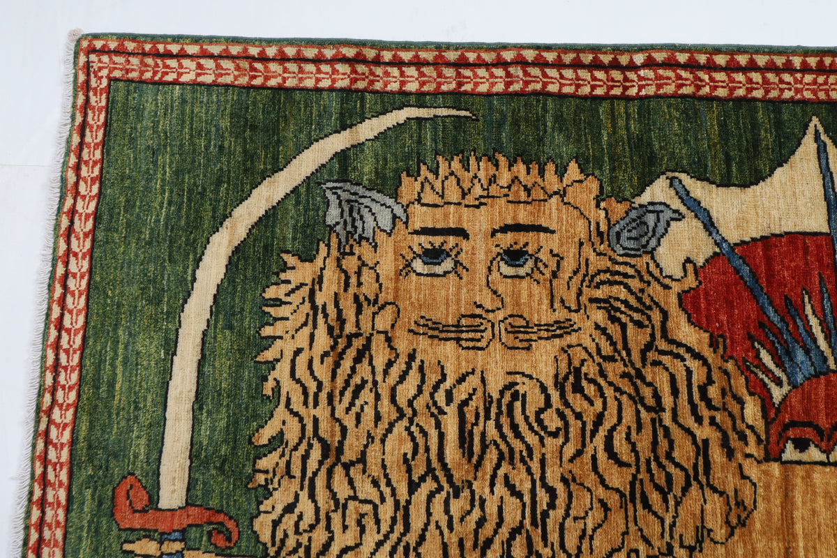 100 x 153 cm | Lion Green Oriental Afghan Hand Knotted Wool carpet
