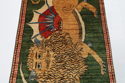 100 x 153 cm | Lion Green Oriental Afghan Hand Knotted Wool carpet