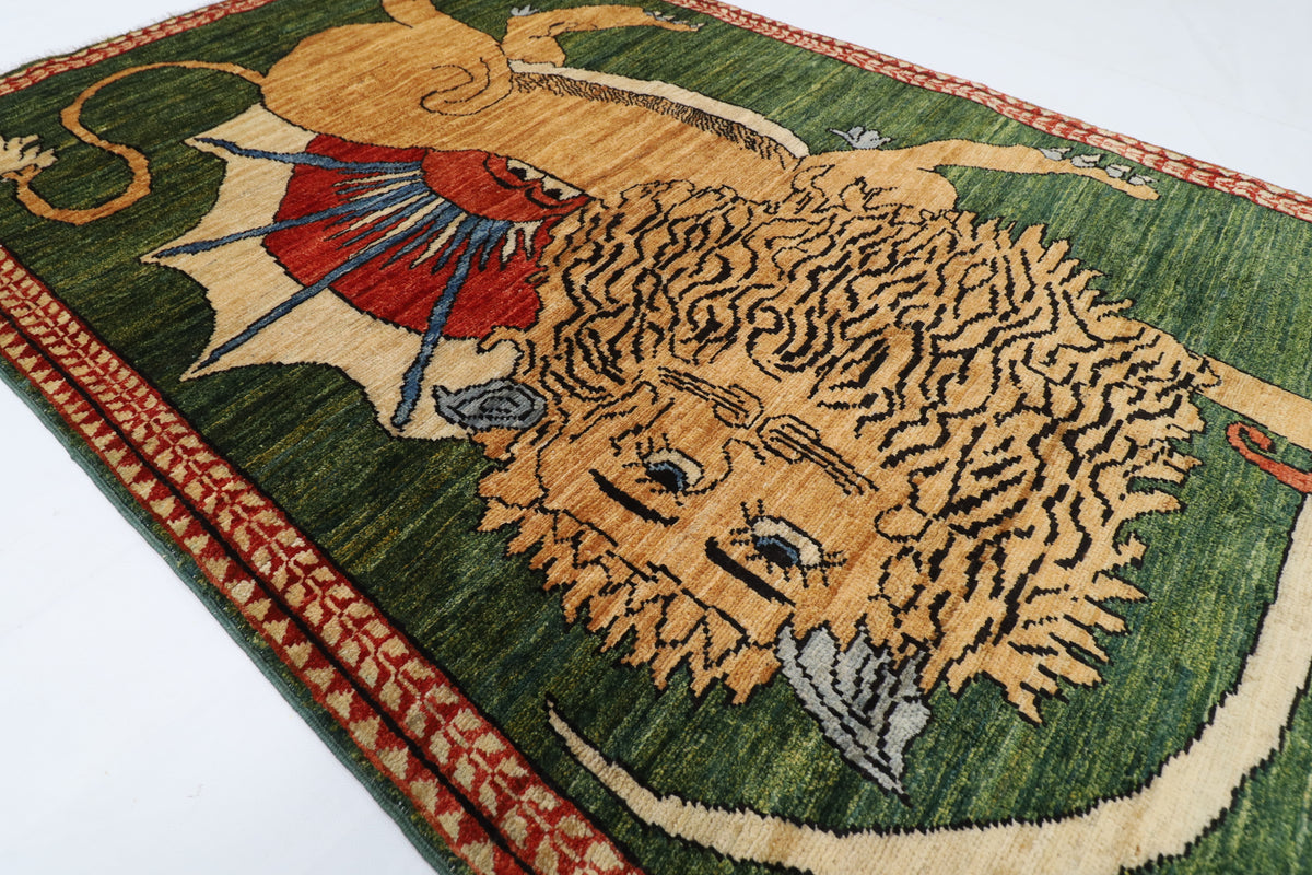 100 x 153 cm | Lion Green Oriental Afghan Hand Knotted Wool carpet