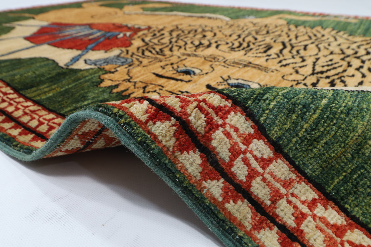 100 x 153 cm | Lion Green Oriental Afghan Hand Knotted Wool carpet
