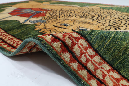 100 x 153 cm | Lion Green Oriental Afghan Hand Knotted Wool carpet