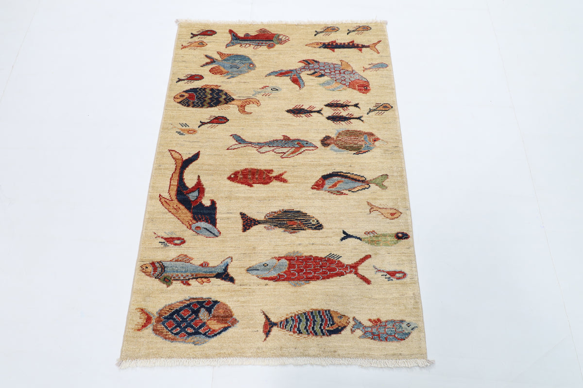 84 x 124 cm | Fish beige Oriental Afghan Hand Knotted Wool carpet