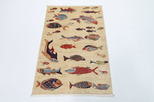 84 x 124 cm | Fish beige Oriental Afghan Hand Knotted Wool carpet